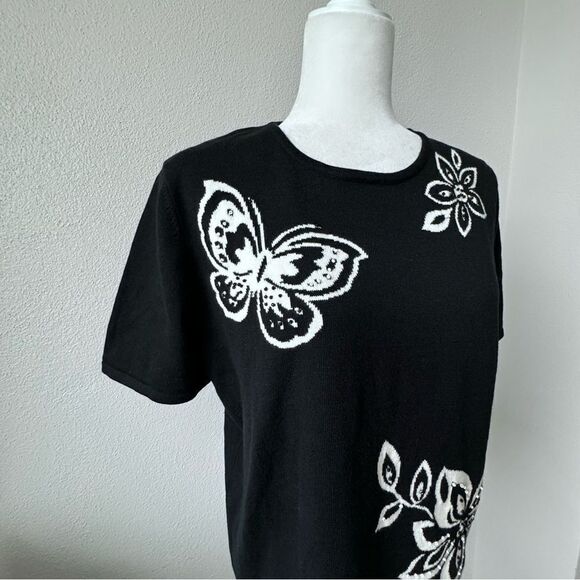 Alfred Dunner Black Top Butterfly Floral Beaded Short Sleeve Shirt SZ S - Picture 4 of 10